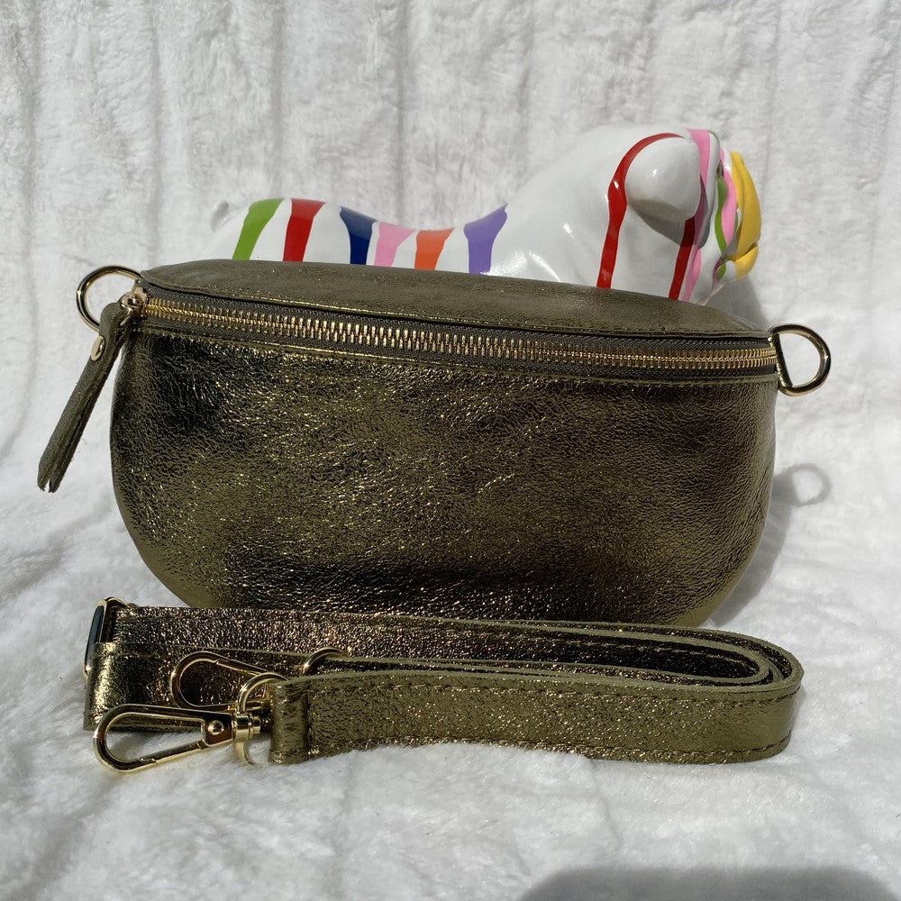 sac banane en cuir métallisé kaki