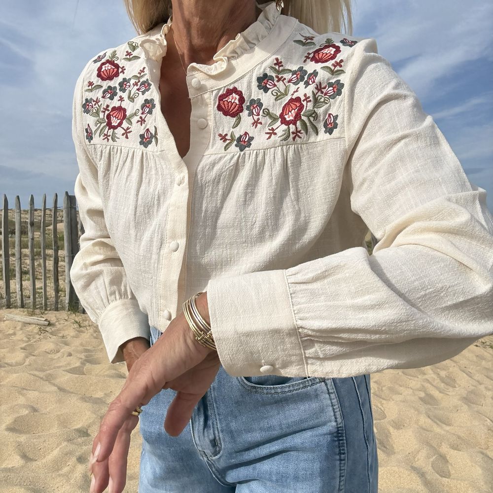 Détail du col et des boutons de la blouse en coton