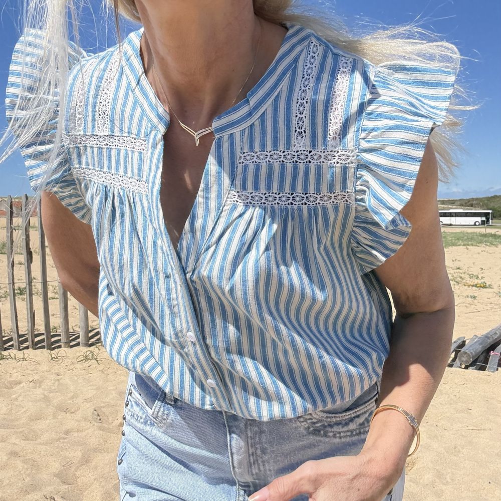 blouse coton sans manche rayures bleu et banc fine broderie boheme