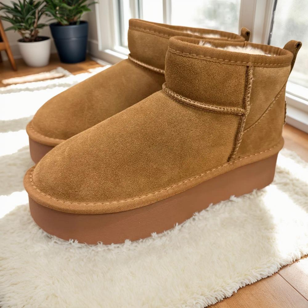bottine boots basse en cuir et fourrure semelle plateforme camel