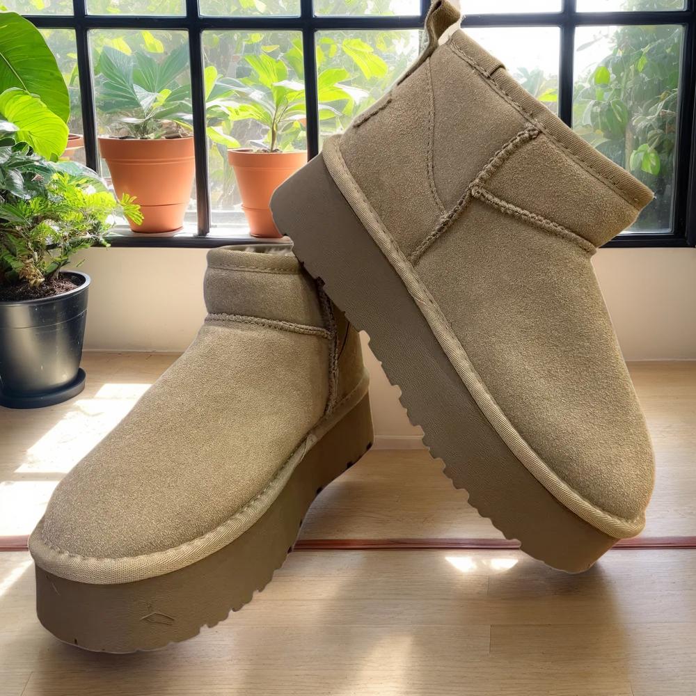 bottine cuir et fourrure semelle plateforme taupe