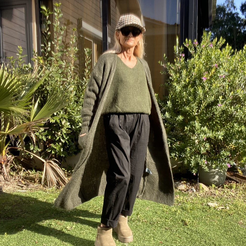 gilet long en alpaga kaki avec poche