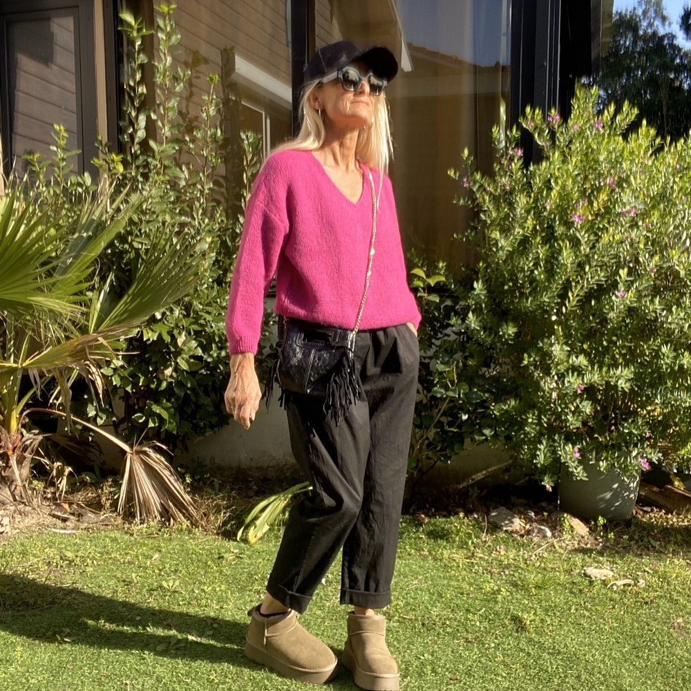 pull col v en alpaga rose fuschia