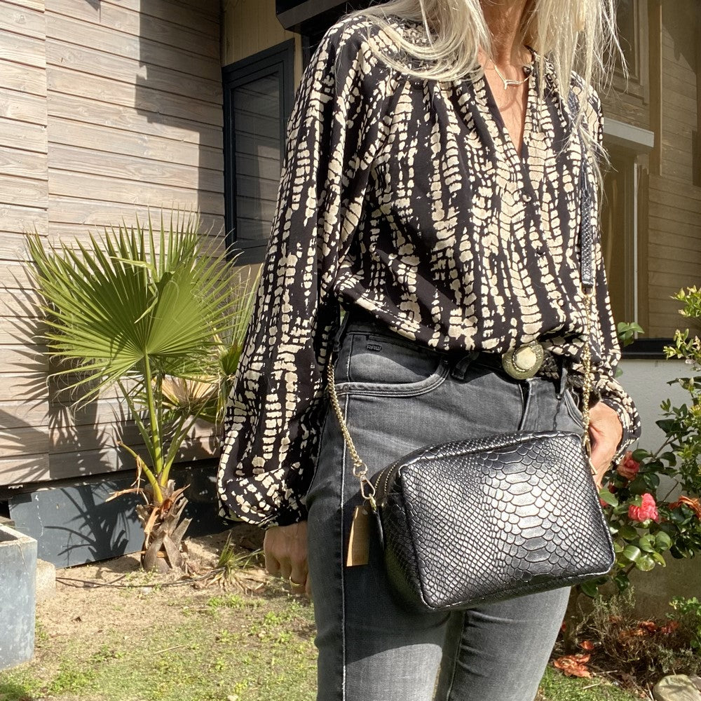 sac rectangulaire en cuir façon croco noir