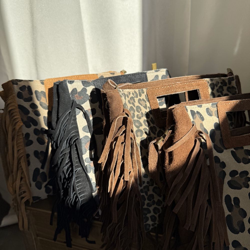 sac bandoulière en cuir à frange motif animalier