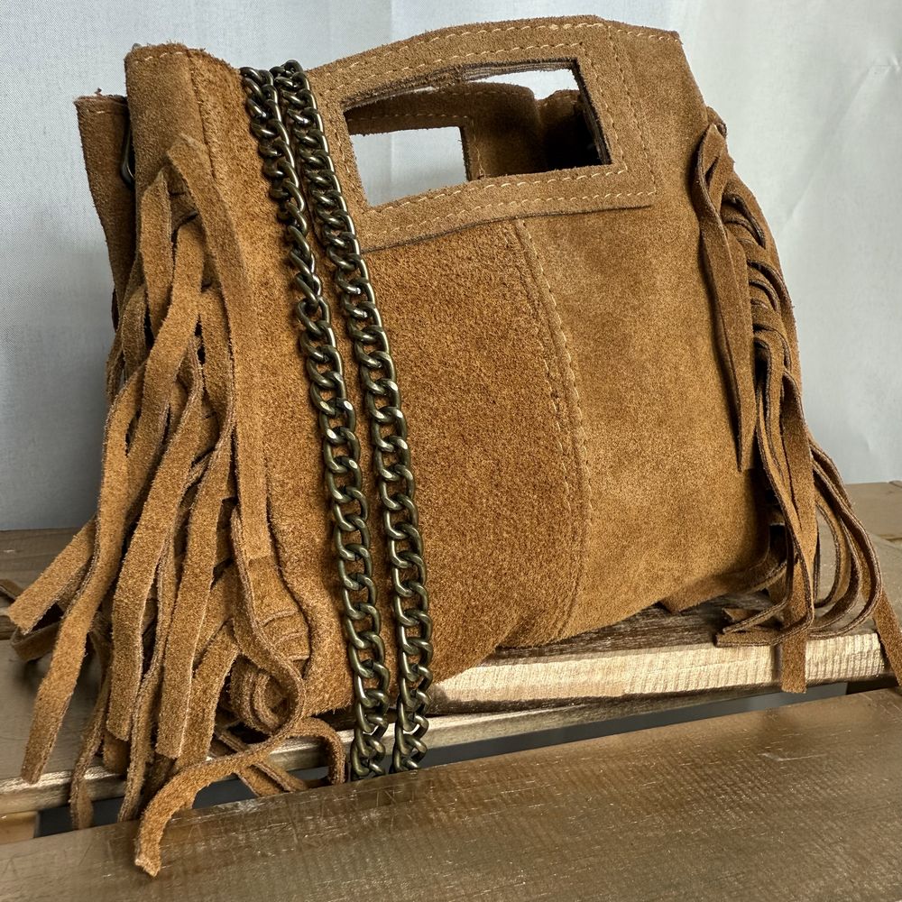 Mini sac bandoulière en chaine avec frange en cuir nubuck Majeline