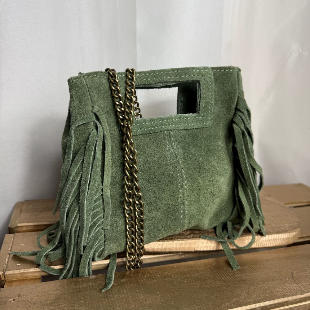 Mini sac bandoulière en chaine avec frange en cuir nubuck Majeline