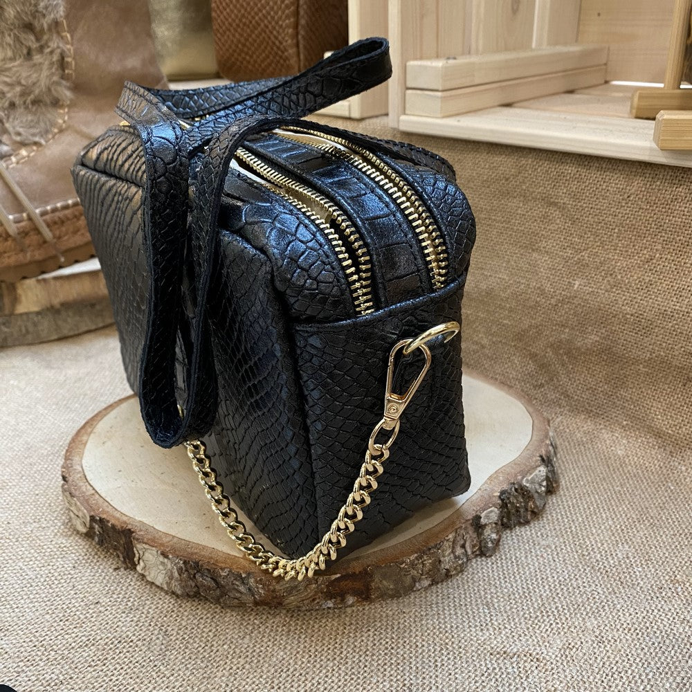 sac rectangle en cuir façon croco noir double compartiments
