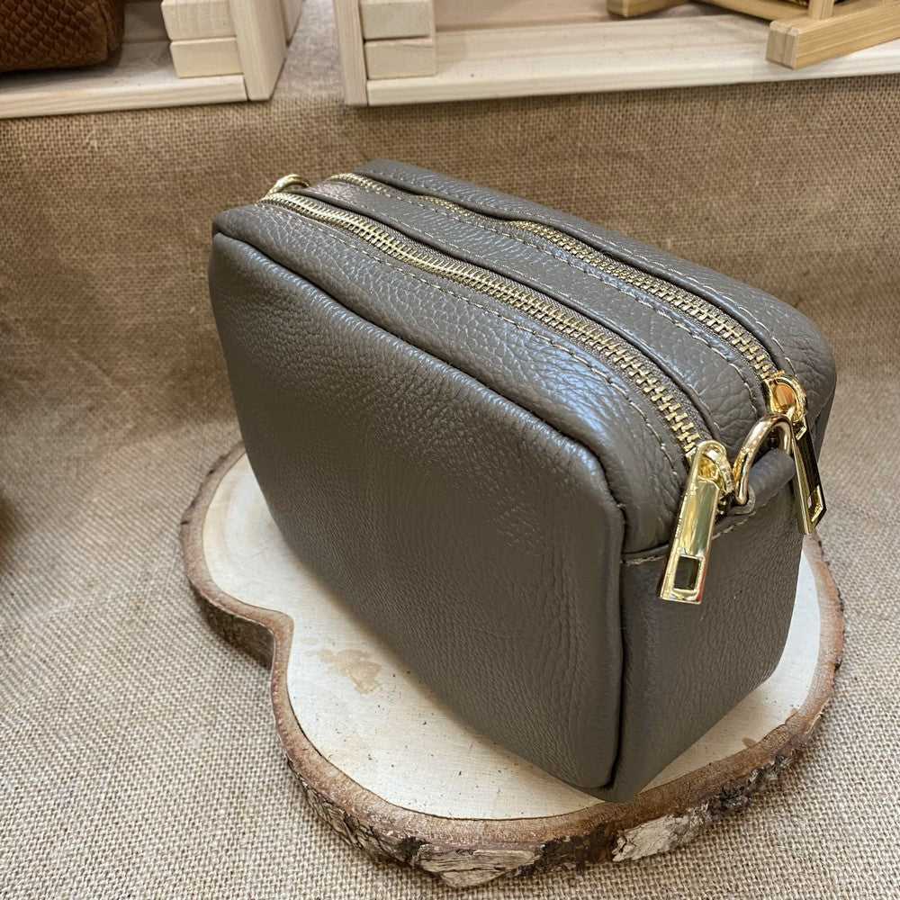 sac rectangle en cuir granulé taupe double compartiments