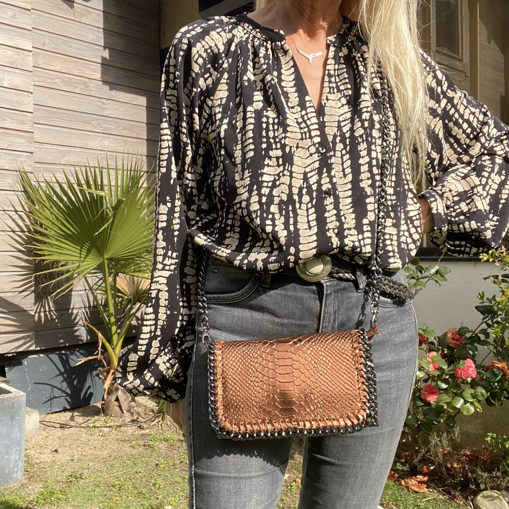 Sac pochette rectangulaire Morgane avec bandoulière en cuir bronze métallisé
