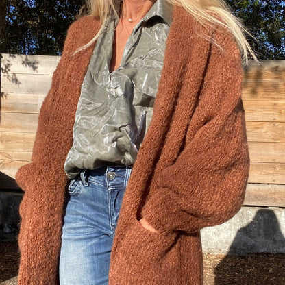 gilet long grosse maille caramel en laine et mohair