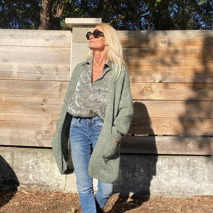 gilet mi long en laine et mohair grosse maille