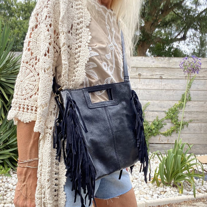 sac bohème cuir métallisé noir