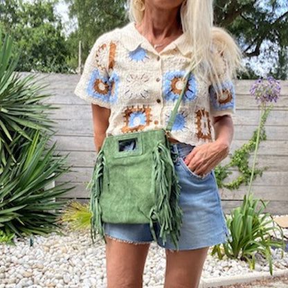 sac bandoulière a frange en cuir vert pale