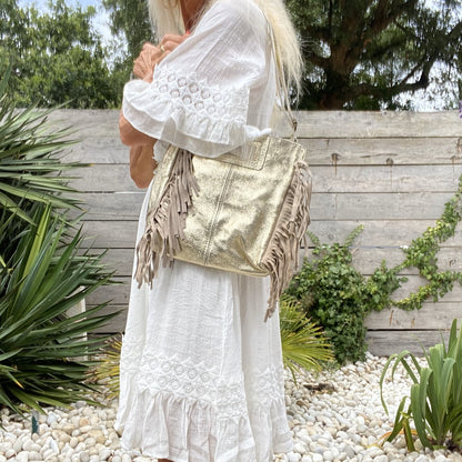 sac bandoulière cuir métallisé dore brillant