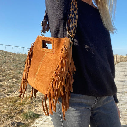 sac bandoulière en cuir camel et frange