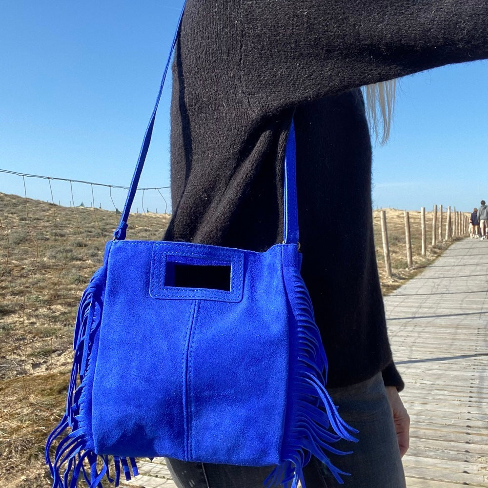 sac bandoulière en cuir avec frange bleu électrique