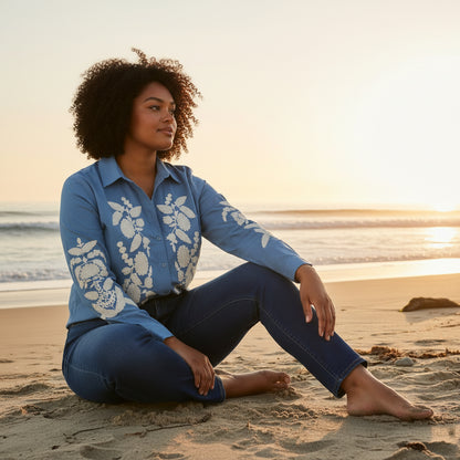 blouse chemise coton bleu et broderie blanche bohème