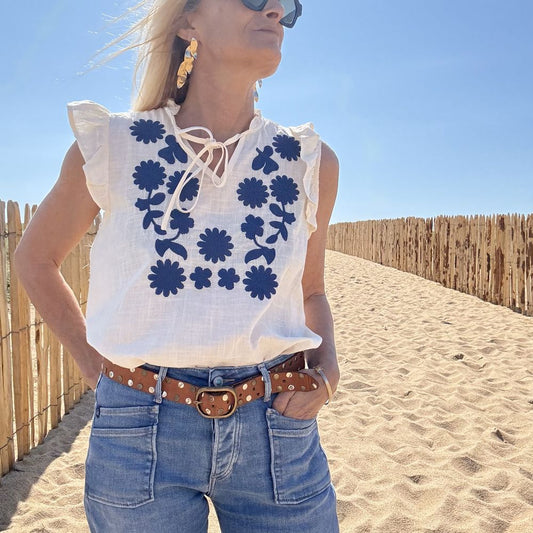 blouse sans manche en coton bohème et broderie bleu