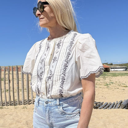 blouse blanche coton broderie noire