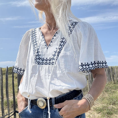 blouse bohème casual en coton broderie bleu
