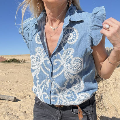 chemise sans manche en coton denim et fine broderie bohème ultra confort