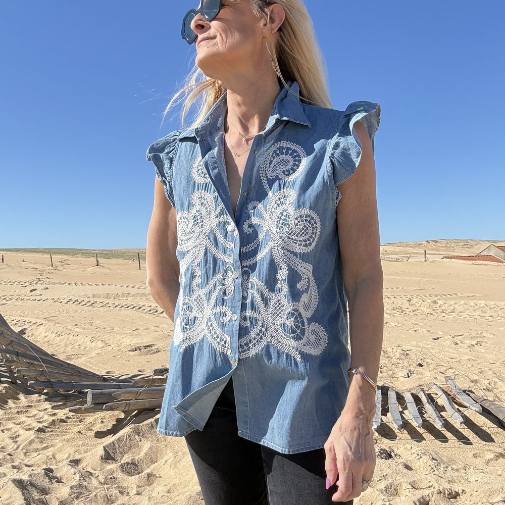 blouse chemise sans manche en denim de coton broderie bohème casual