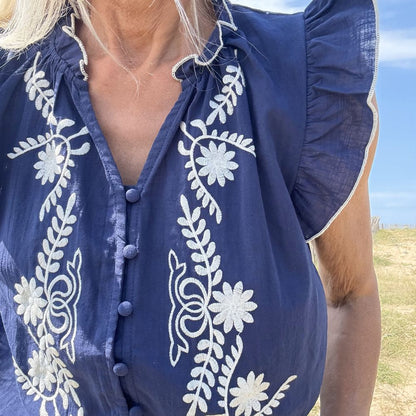 blouse bohème sans manche en coton brodée