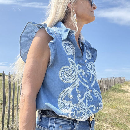 blouse bohème en coton chambray broderie blanche