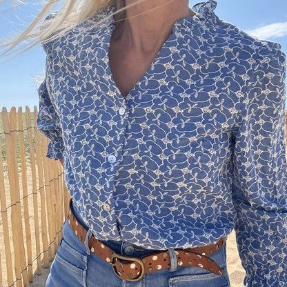 blouse col v bleu en coton