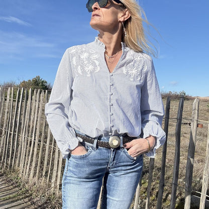 blouse en coton rayure bleu blanc fine broderie