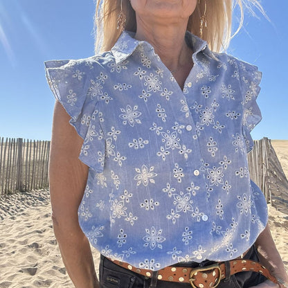 blouse chemise sans manche été en coton ciel et broderie blanche