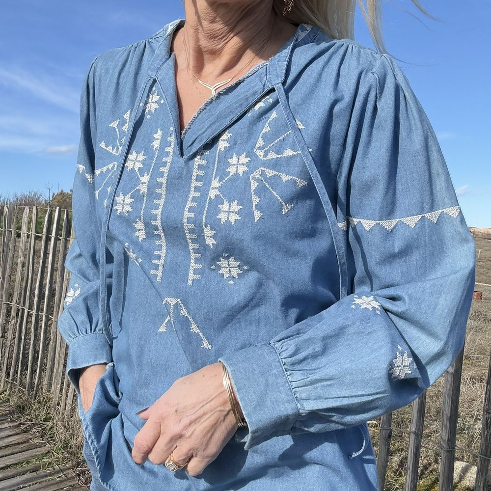 blouse coton jean broderie blanche