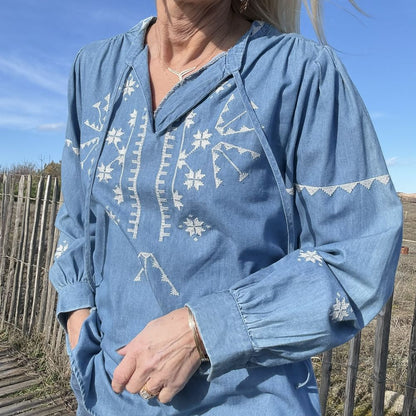 blouse coton jean broderie blanche