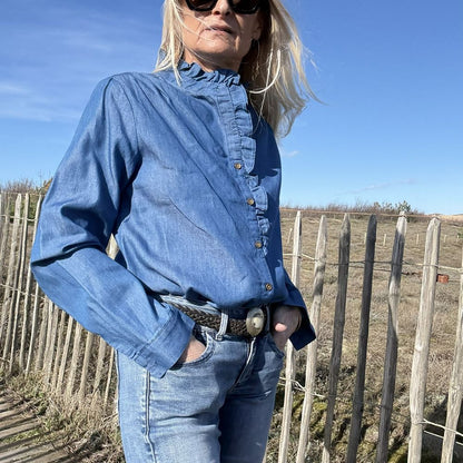 blouse chemise coton denim col froufrou