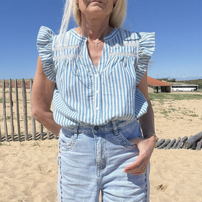 blouse sans manche en coton rayures bleu blanc fine broderie