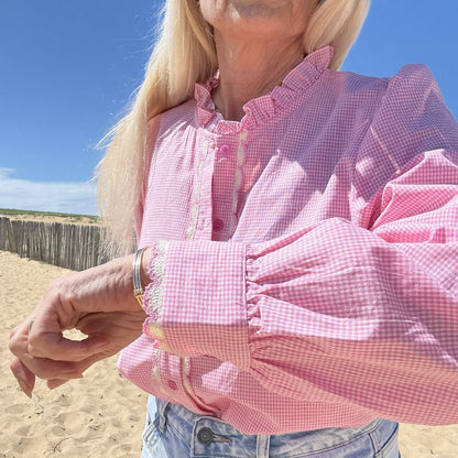blouse en coton rose vichy et fine broderie grande taille