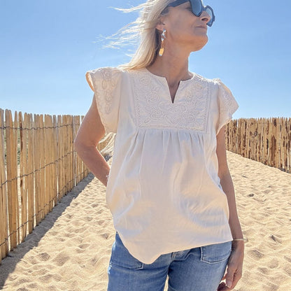 blouse sans manche en coton et fine broderie romantique casual