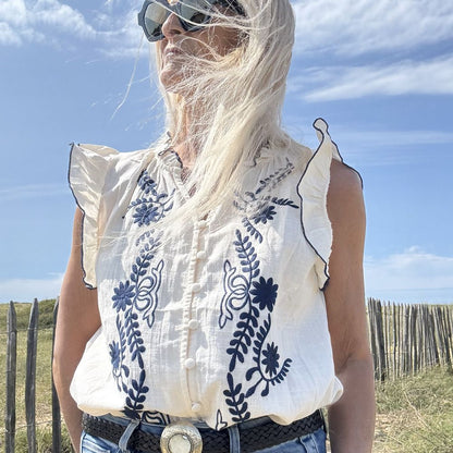blouse chemisier sans manche en coton blanc broderie bleu