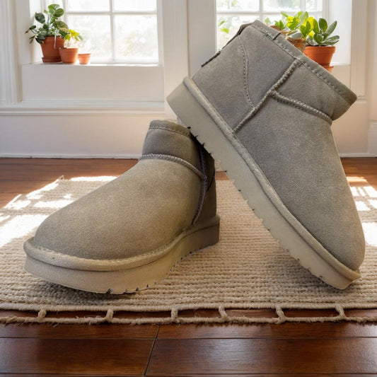bottine basse en cuir nubuck et fourrure véritable taupe
