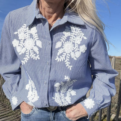 chemise coton rayure bleu blanc broderie blanche