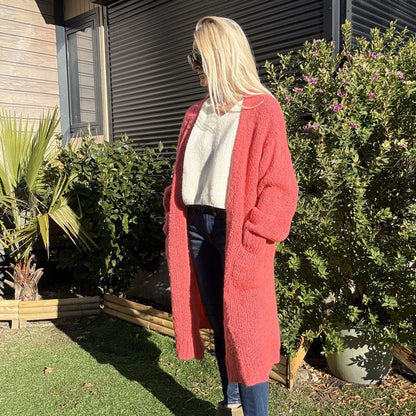 gilet long grosse maille en laine et mohair rose