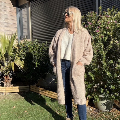 gilet long en grosse maille beige