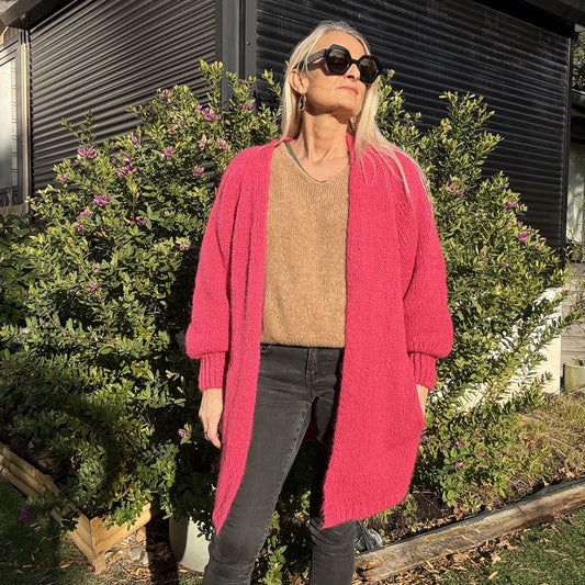 gilet mi long grosse maille rose en laine et mohair