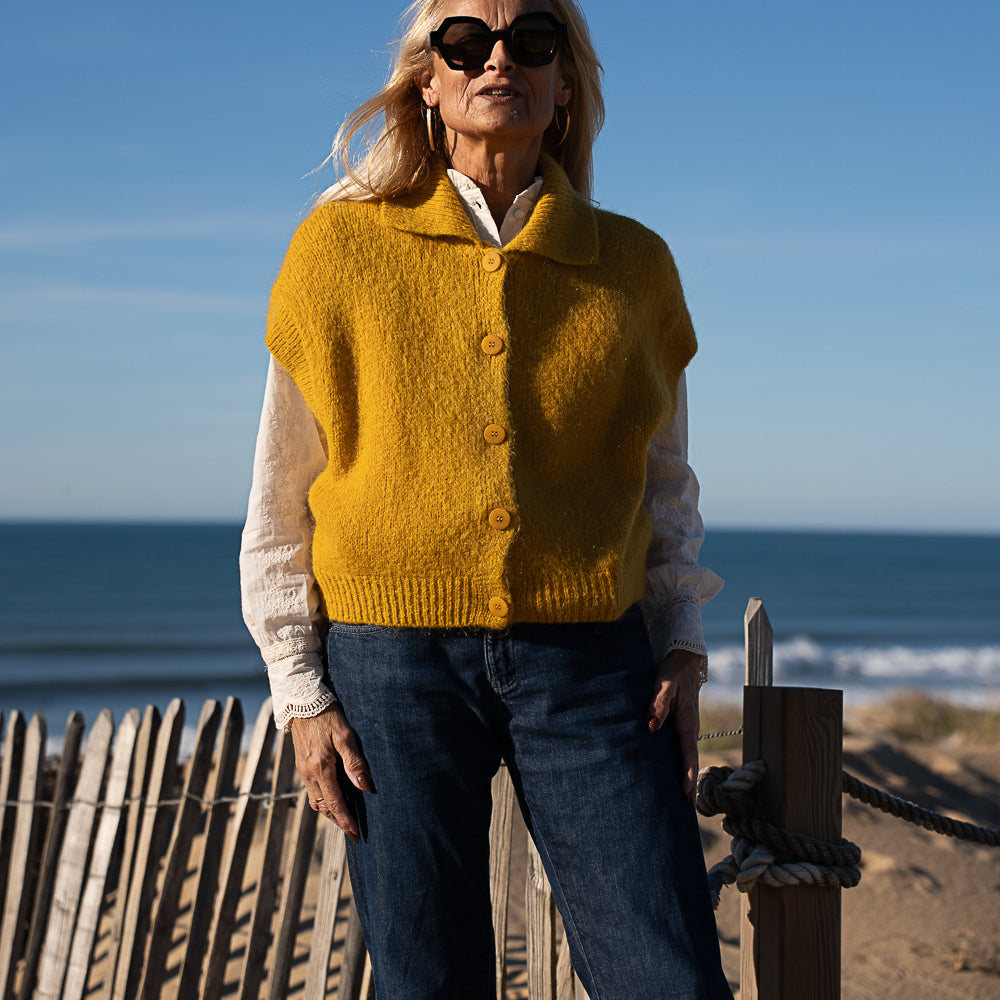 gilet sans manche en laine et kid mohair jaune