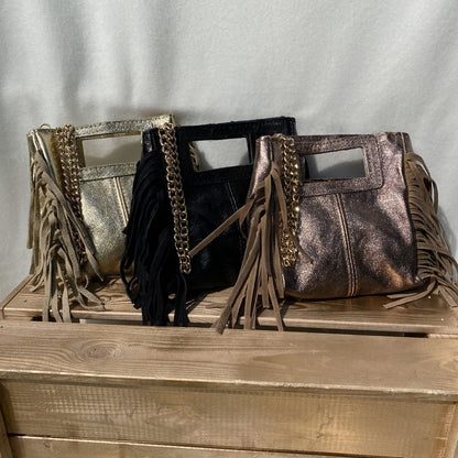mini sac frange et bandoulière chaine cuir métallisé