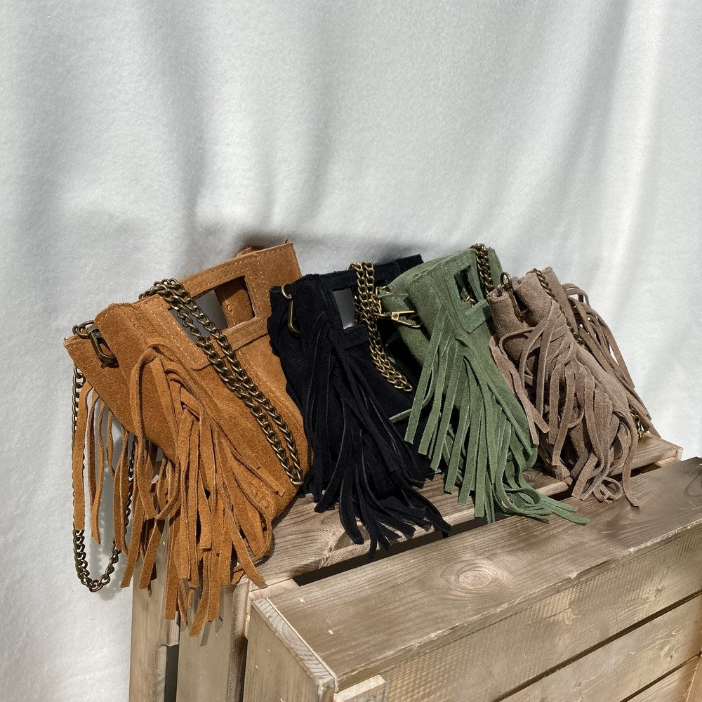 mini sac en cuir bandoulière chaine métal et frange