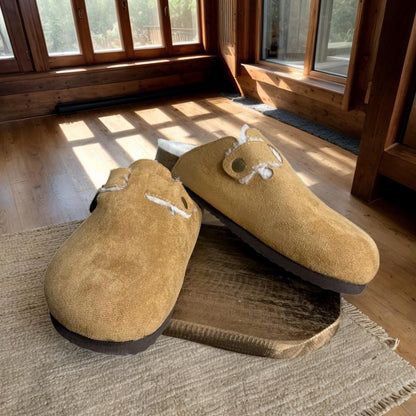 Mule sabot en suédine et fourrure synthétique camel