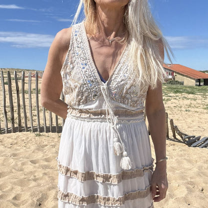 robe longue sans manche en jute de coton blanc et perle boheme