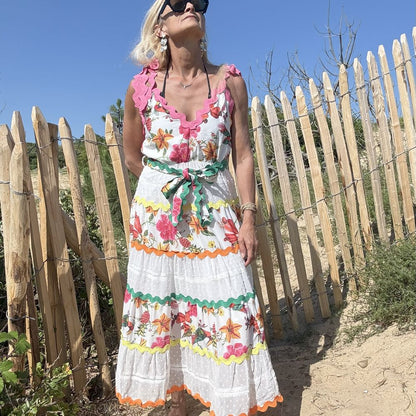 Robe Longue Fleurie à Bretelles – Détails Dentelle Romantiques